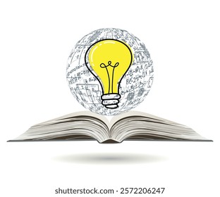 Science. Globe of mathematical equations and formulas with light bulb rising from open book. Vector illustration. Doodle