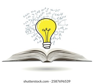 Science. Globe of mathematical equations and formulas with light bulb rising from open book. Vector illustration. Doodle