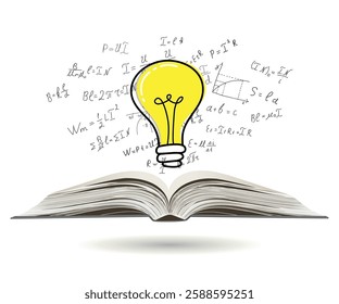 Science. Globe of mathematical equations and formulas with light bulb rising from open book. Vector illustration. Doodle