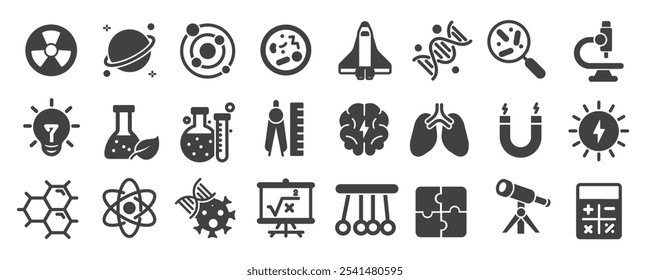 Science glyph solid icons collection. Containing research, astronomy, chemical, experiment. Minimal icon and symbol series vector illustration
