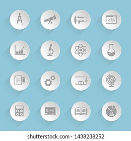 science gray vector icons on round puffy paper circles with transparent shadows on blue background for web, mobile and user interface design