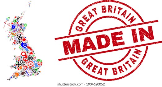 Science Great Britain map mosaic and MADE IN grunge stamp seal. Great Britain map mosaic designed with spanners, wheels, instruments, aircrafts, vehicles, electricity sparks, helmets.