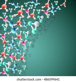 Science green background with 3d colorful molecule chains vector illustration