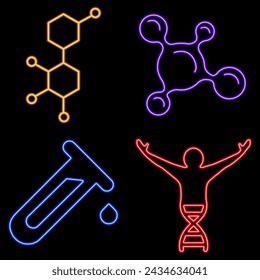 science group of neon icons, vector illustration on black background.