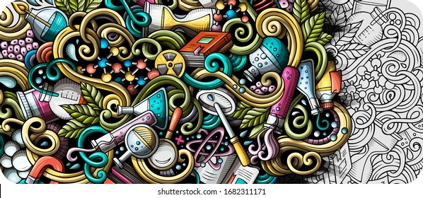 Science hand drawn doodle banner. Cartoon detailed flyer. Scientific identity with objects and symbols. Color vector design elements background