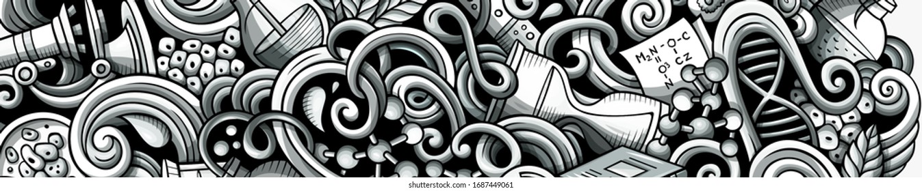 Science hand drawn doodle banner. Cartoon detailed flyer. Scientific identity with objects and symbols. Monochrome vector design elements background