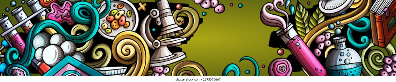 Science hand drawn doodle banner. Cartoon detailed flyer. Scientific identity with objects and symbols. Color vector design elements background