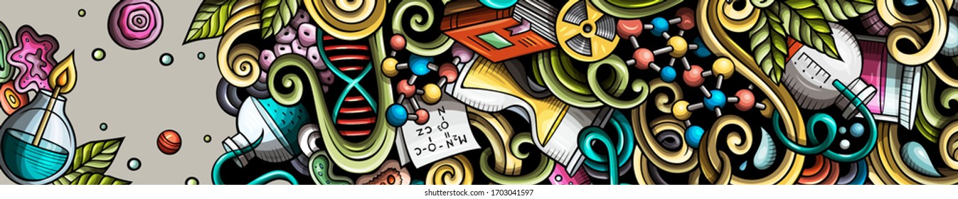 Science hand drawn doodle banner. Cartoon detailed flyer. Scientific identity with objects and symbols. Color vector design elements background