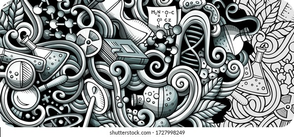 Science hand drawn doodle banner. Cartoon detailed flyer. Scientific identity with objects and symbols. Monochrome vector design elements background