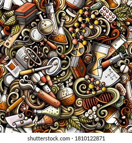Science hand drawn doodles seamless pattern. Lab equipment background. Cartoon medical fabric print design. Colorful vector illustration