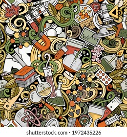 Science hand drawn doodles seamless pattern. Lab equipment background. Cartoon medical fabric print design. Colorful vector illustration