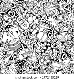 Science hand drawn doodles seamless pattern. Lab equipment background. Cartoon medical coloring design. Sketchy vector illustration