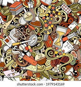 Science hand drawn doodles seamless pattern. Lab equipment background. Cartoon medical fabric print design. Colorful vector illustration