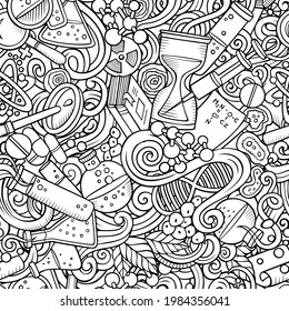 Science hand drawn doodles seamless pattern. Lab equipment background. Cartoon medical coloring design. Sketchy vector illustration