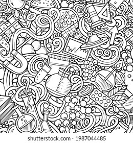 Science hand drawn doodles seamless pattern. Lab equipment background. Cartoon medical coloring design. Sketchy vector illustration