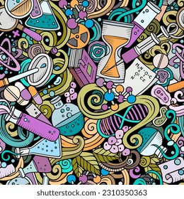 Science hand drawn doodles seamless pattern. Lab equipment background. Cartoon medical fabric print design. Colorful vector illustration
