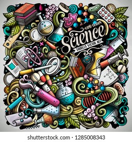 Science hand drawn vector doodles illustration. Poster design. Many elements and objects cartoon background. Bright colors funny picture. All items are separated