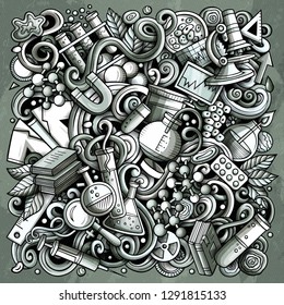Science hand drawn vector doodles illustration. Poster design. Many elements and objects cartoon background. Monochrome funny picture. All items are separated