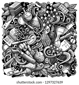Science hand drawn vector doodles illustration. Poster design. Many elements and objects cartoon background. Monochrome funny picture. All items are separated