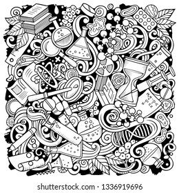 Science hand drawn vector doodles illustration. Poster design. Many elements and objects cartoon background. Line art funny picture. All items are separated