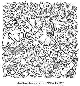 Science hand drawn vector doodles illustration. Poster design. Many elements and objects cartoon background. Line art funny picture. All items are separated