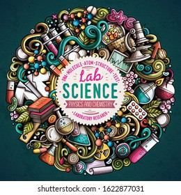 Science hand drawn vector doodles illustration. Round design. Many elements and objects cartoon background. Bright colors funny picture. All items are separated