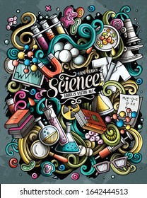 Science hand drawn vector doodles illustration. Poster design. Many elements and objects cartoon background. Bright colors funny picture. All items are separated