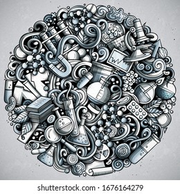 Dibujo de doodles vectoriales dibujados a mano por la ciencia. Diseño redondo. Muchos elementos y objetos de fondo de dibujos animados. Imagen divertida monocroma. Todos los elementos están separados