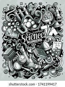 Science hand drawn vector doodles illustration. Poster design. Many elements and objects cartoon background. Monochrome funny picture. All items are separated