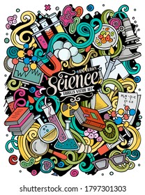 Ilustración de doodles vectoriales dibujados a mano por la ciencia. Diseño de afiches. Muchos elementos y objetos de fondo de dibujos animados. Colores brillantes, imagen graciosa. Todos los elementos están separados