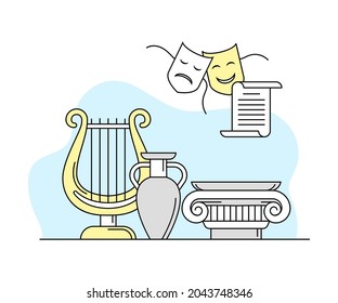 Science and Hellenic Study of Art and Performance with Greek Vase and Harp Vector Line Illustration