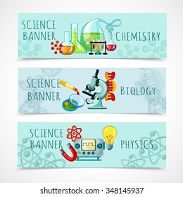 Science Horizontal Banner Set With Chemistry Biology And Physics Elements Cartoon Isolated Vector Illustration