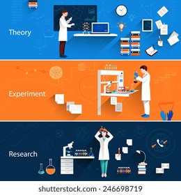 Banderas horizontales de la ciencia establecidas con experimentos de teoría investigación ilustración vectorial aislada