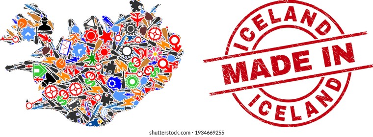 Science Iceland map mosaic and MADE IN textured rubber stamp. Iceland map collage designed with spanners, gear wheels, instruments, air planes, transports, power strikes, details.
