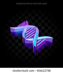 Science icon: 3d neon glowing DNA made of glass with transparent shadow on black background, EPS 10 vector illustration.