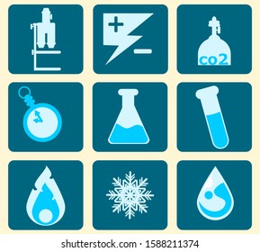 Science icon 9 pieces. Fire, electricity, cooling, time, gas, chemical, research, liquid