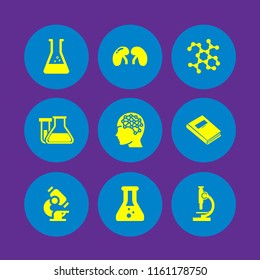 science icon. 9 science set with beaker, molecule, book and brain vector icons for web and mobile app