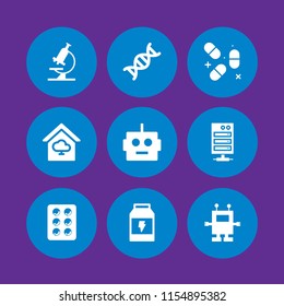 science icon. 9 science set with robot, dna, blister and pill vector icons for web and mobile app