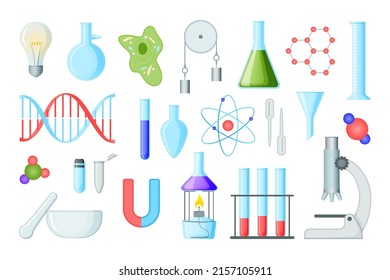 Wissenschaftssymbol. Chemische und medizinische Instrumente. Laborgeräte. Biologie und Chemie. Prüfrohr. Bakterienzelle. Atom und DNA. Labormikroskop. Magnet oder Lampe. Vektorgrafik-Set