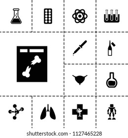 Science icon. collection of 13 science filled icons such as ampoule, bladder, x ray, test tube, atom, pipette, pill, robot, lungs. editable science icons for web and mobile.