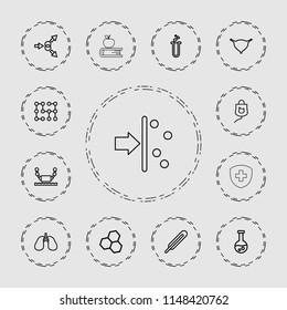 Science icon. collection of 13 science outline icons such as chemical structure, themometer, lungs, bladder, atom move, test tube. editable science icons for web and mobile.