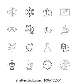 Science icon. collection of 16 science outline icons such as lungs, drop counter, bacteria, robot, binoculars with dollar sign. editable science icons for web and mobile.