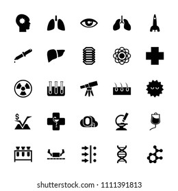 Science icon. collection of 25 science filled icons such as atom, liver, bacteria, drop counter, microscope, test tube, dna. editable science icons for web and mobile.