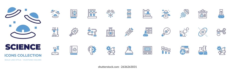 Science icon collection. Bold line style. Duotone colors. ufo, magazine, test tube, bacteria, dna, chemistry, presentation, gmo, lab, research, bioengineering.