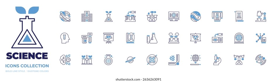 Science icon collection. Bold line style. Duotone colors. uranus, science, plant, test tubes, test, pc, planet, research, microscope, sample tube, test tube.