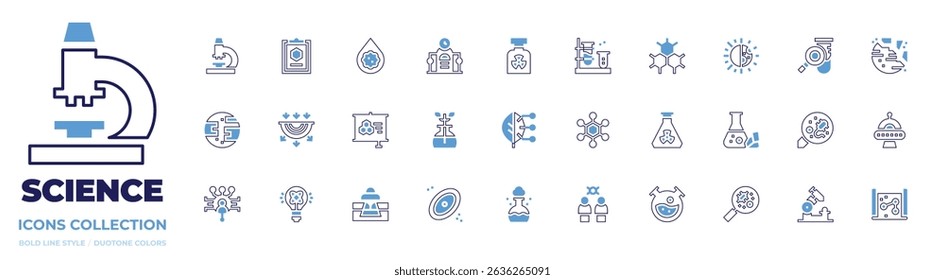 Science icon collection. Bold line style. Duotone colors. microscope, report, blood, time machine, chemistry, chemical, structure, day and night, search.