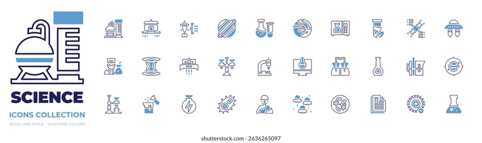 Science icon collection. Bold line style. Duotone colors. nuclear, house, fish, saturn, laboratory, geology, microwave, tube, scientist, wormhole, ufo, flask, dna.