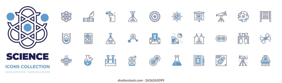 Science icon collection. Bold line style. Duotone colors. atom, dna structure, experiment, plant, galaxy, eclipse, presentation, telescope, mercury, letter.