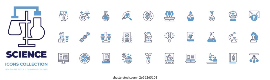 Science icon collection. Bold line style. Duotone colors. laboratory, ufo, flask, leaf, destroyed planet, science, bunsen burner, spy, envelope, scientist.