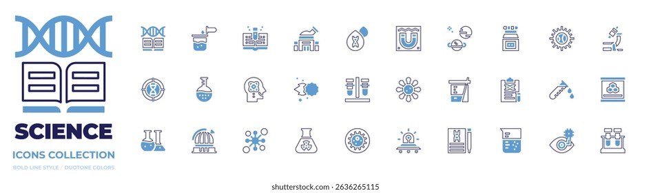Science icon collection. Bold line style. Duotone colors. genetics, chemical, book, observatory, blood, magnetism, planet, toxic chemical, day and night.